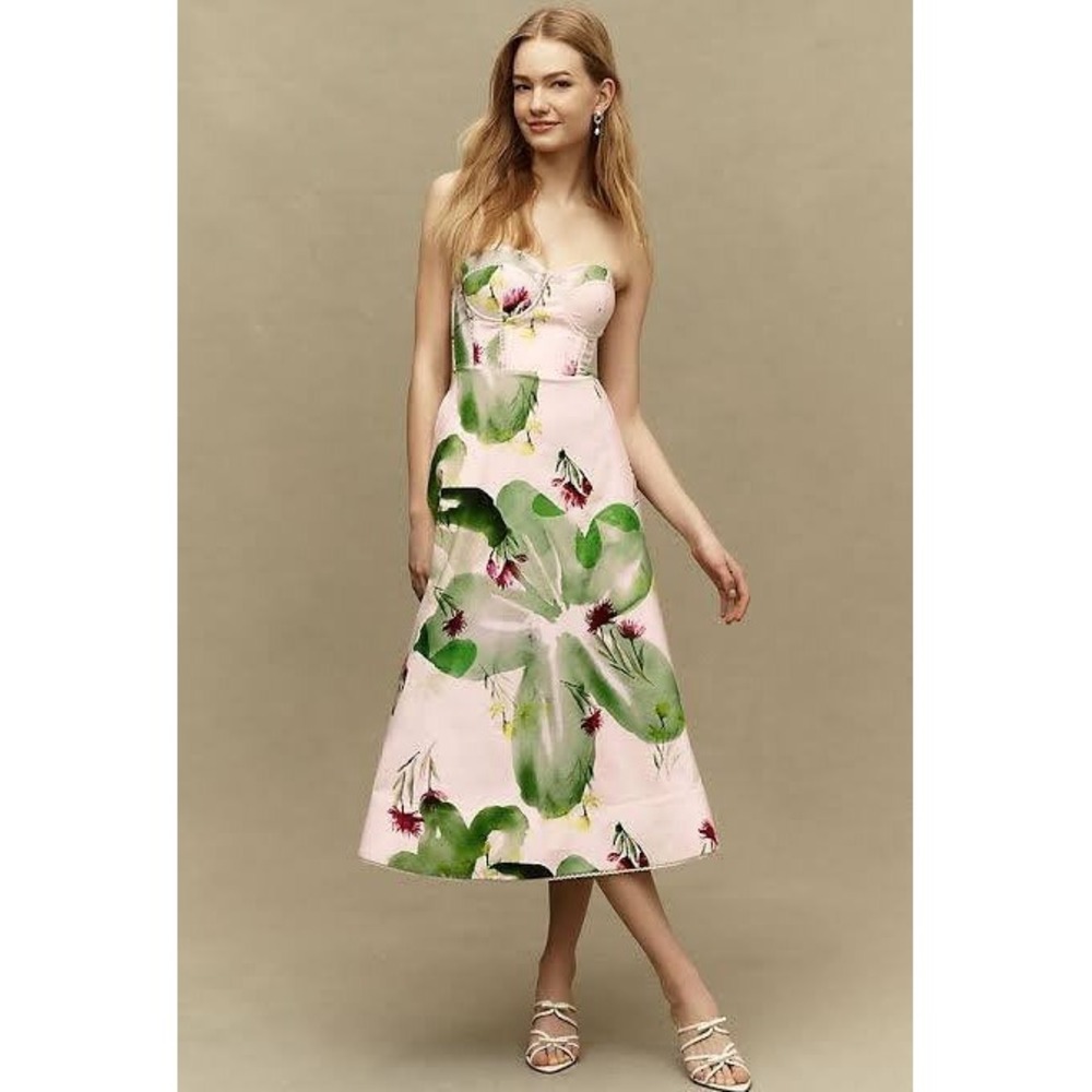 BHLDN Pink Floral Strapless Corset Midi Dress Size Medium Wedding Guest Bridal
